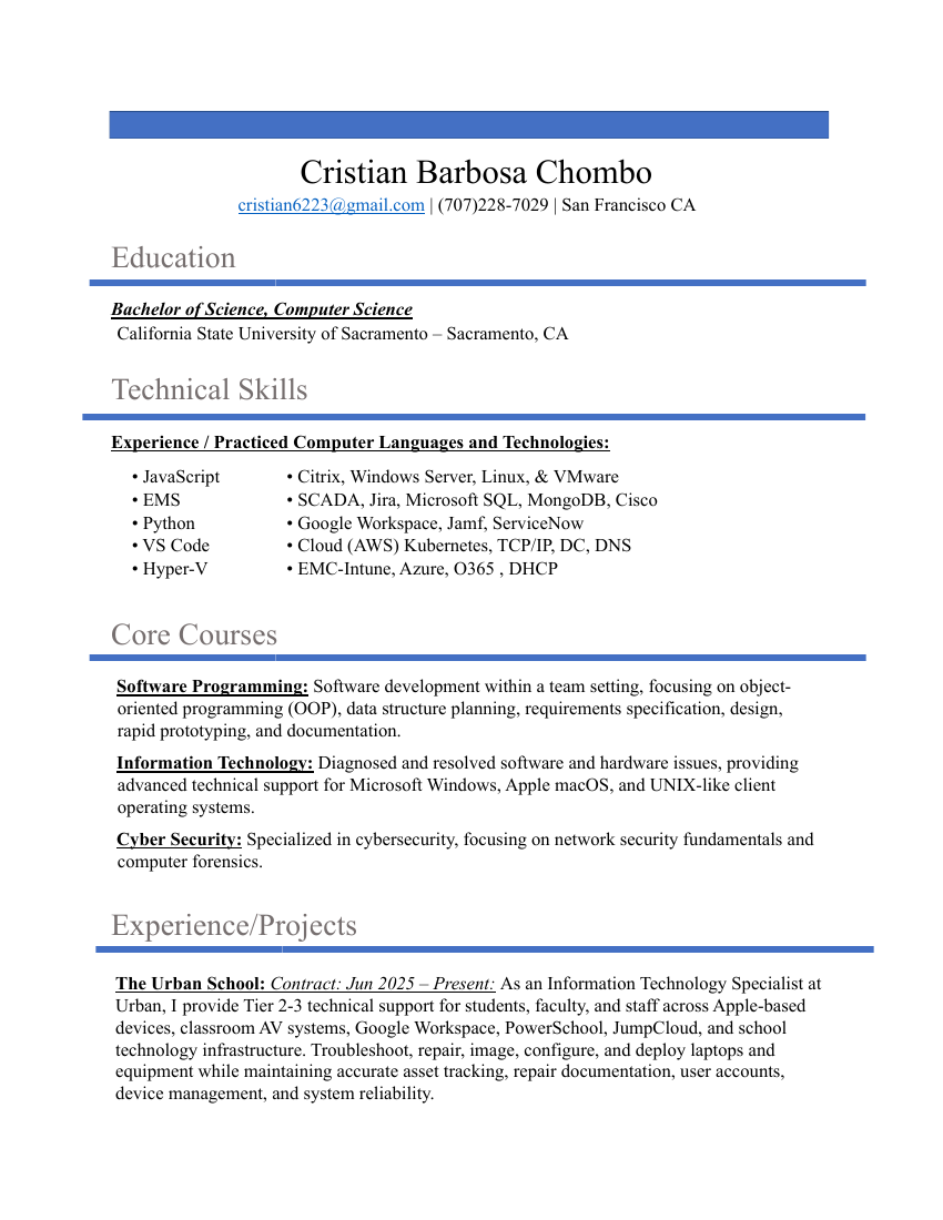 Preview of Cristian Barbosa Chombo's resume